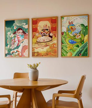 Tableaux pour enfants au style animé avec des personnages et des dragons