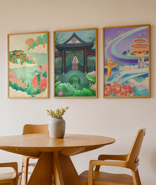 Asiatische Illustrationen mit floralen und architektonischen Elementen
