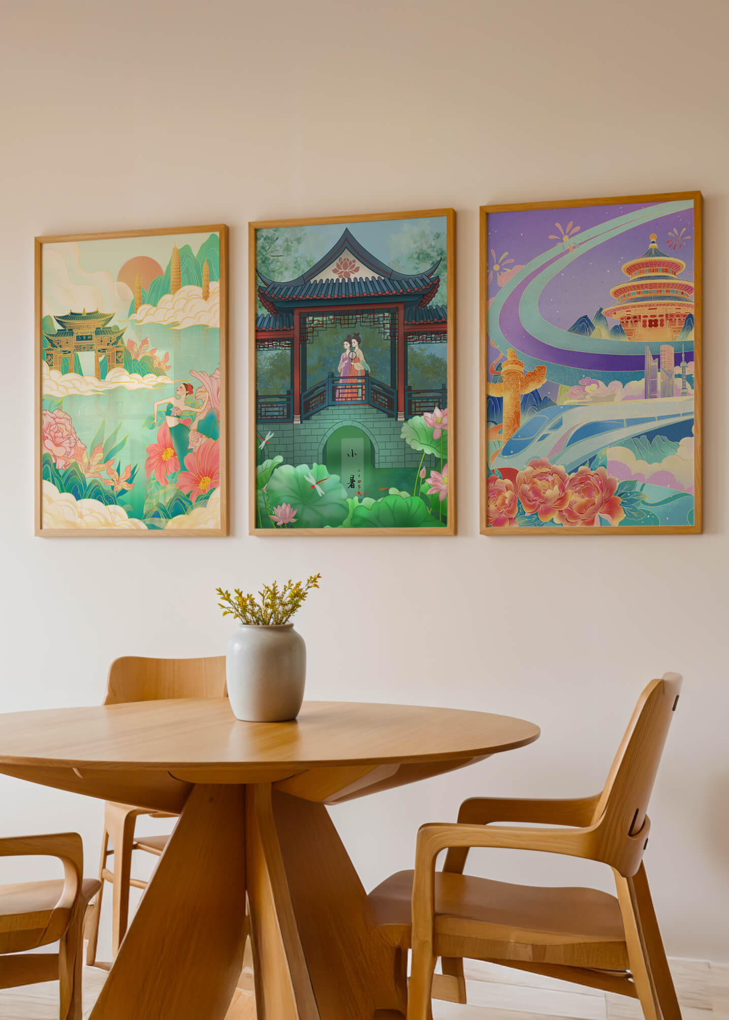 Asiatische Illustrationen mit floralen und architektonischen Elementen