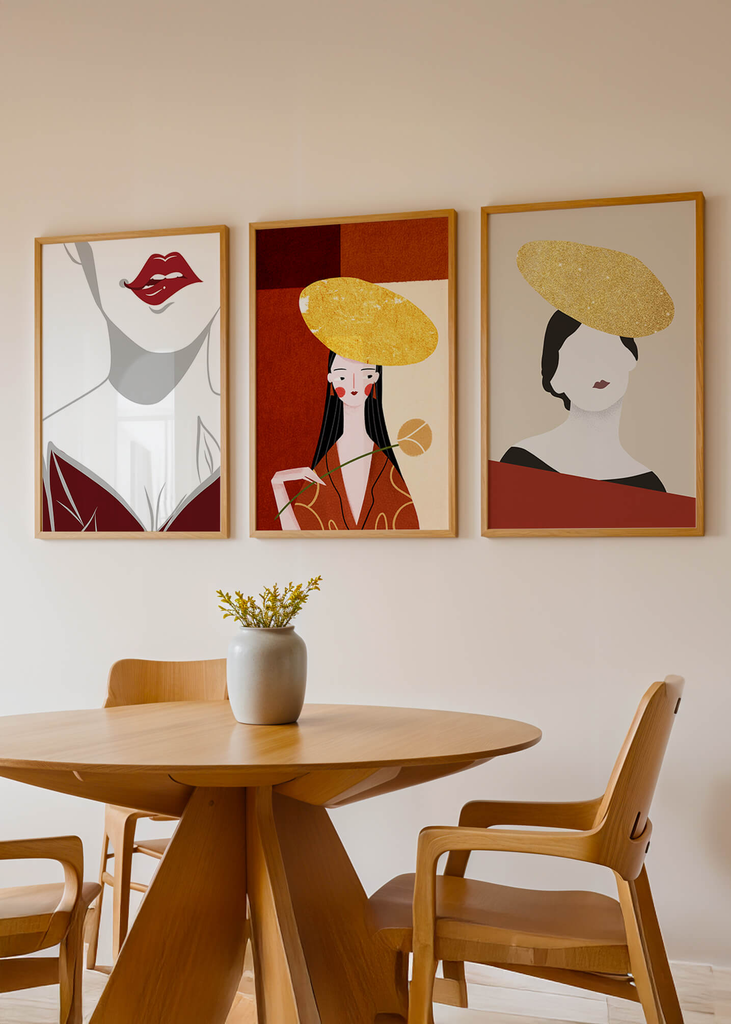 Triptyque moderne avec touches dorées et minimalisme