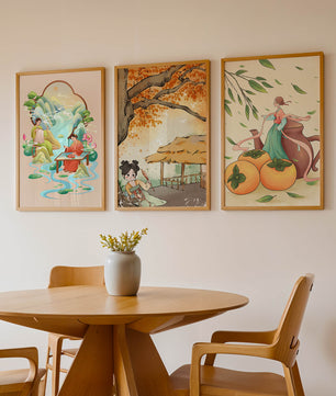 Set asiatischer Kunst auf Leinwänden ohne Rahmen mit natürlichen Motiven