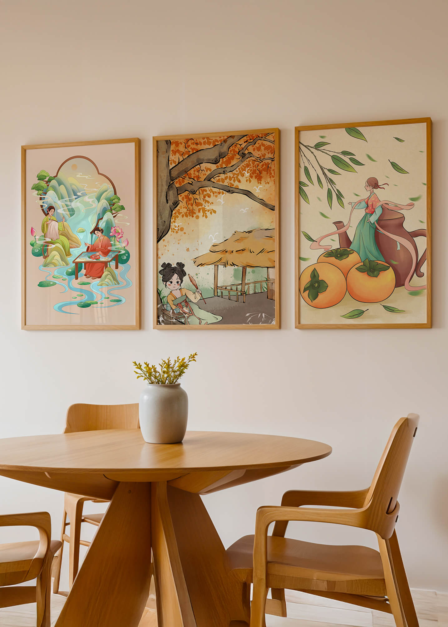 Set asiatischer Kunst auf Leinwänden ohne Rahmen mit natürlichen Motiven