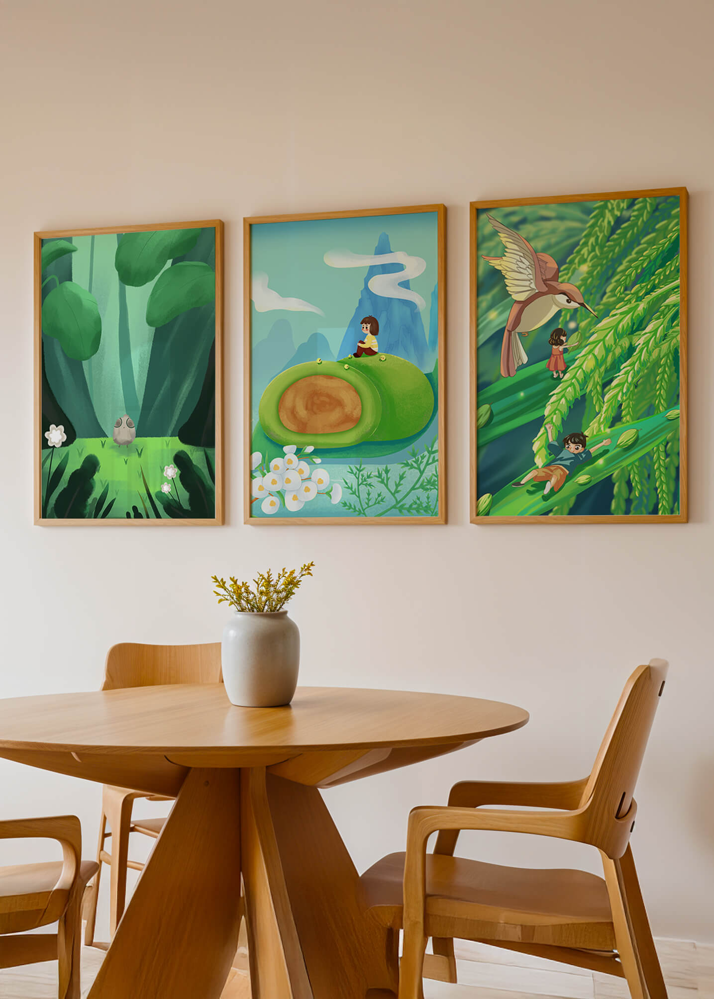 Pared Con Tres Impresiones Artísticas De Paisajes Naturales Oníricos