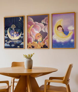 Triptyque d’art pour enfants sur le thème de la lune et des étoiles
