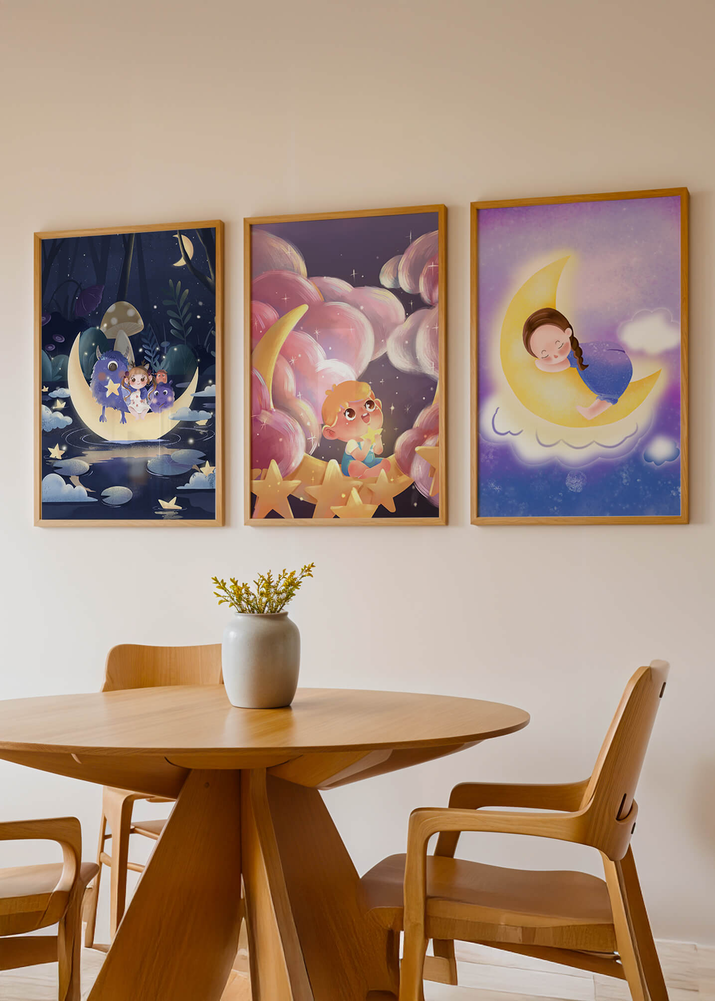 Tríptico de Arte Infantil con Temática de Luna y Estrellas