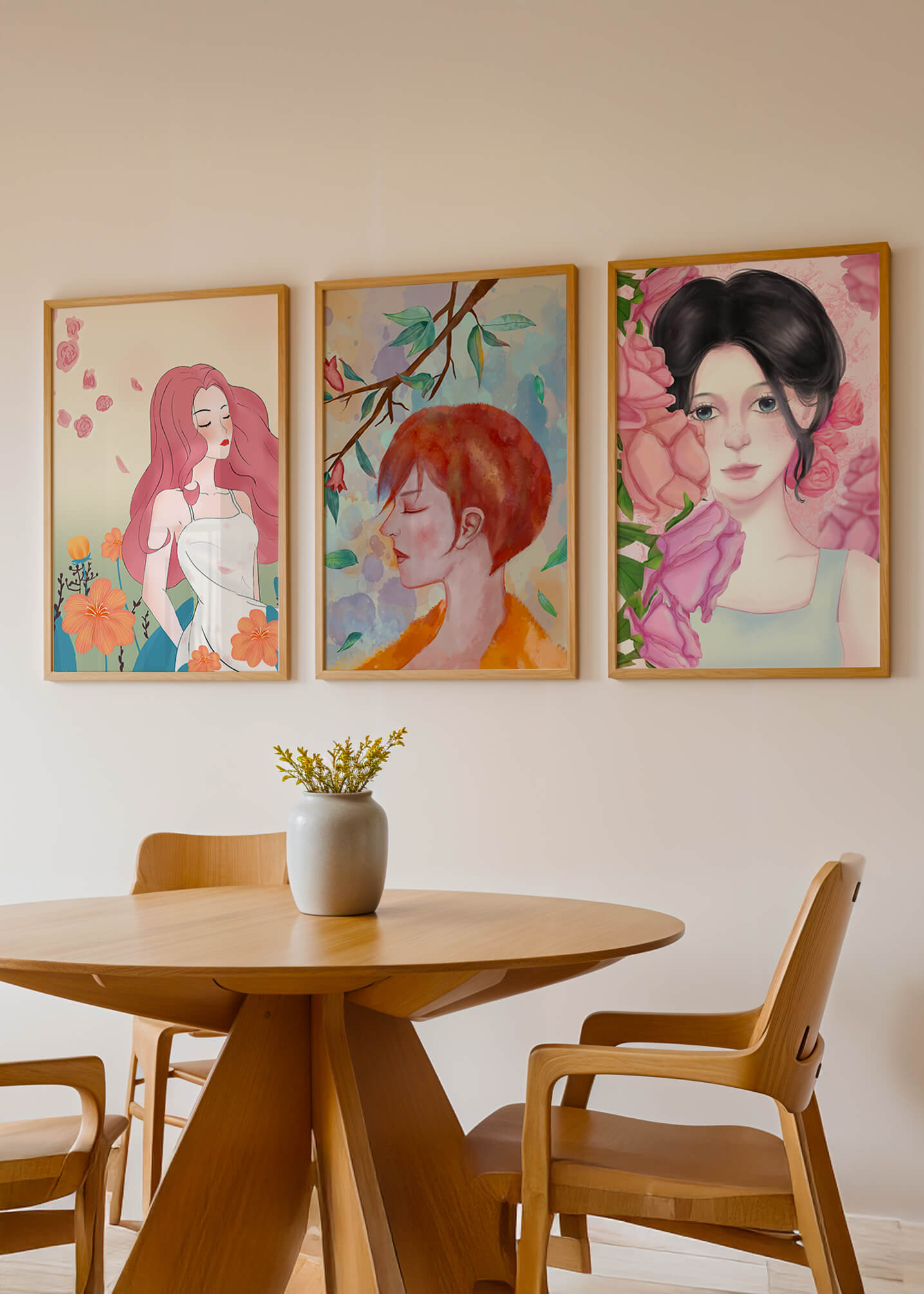 Peintures modernes de femmes avec fleurs en décoration intérieure