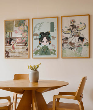 Illustrations de style oriental avec des personnages enfantins