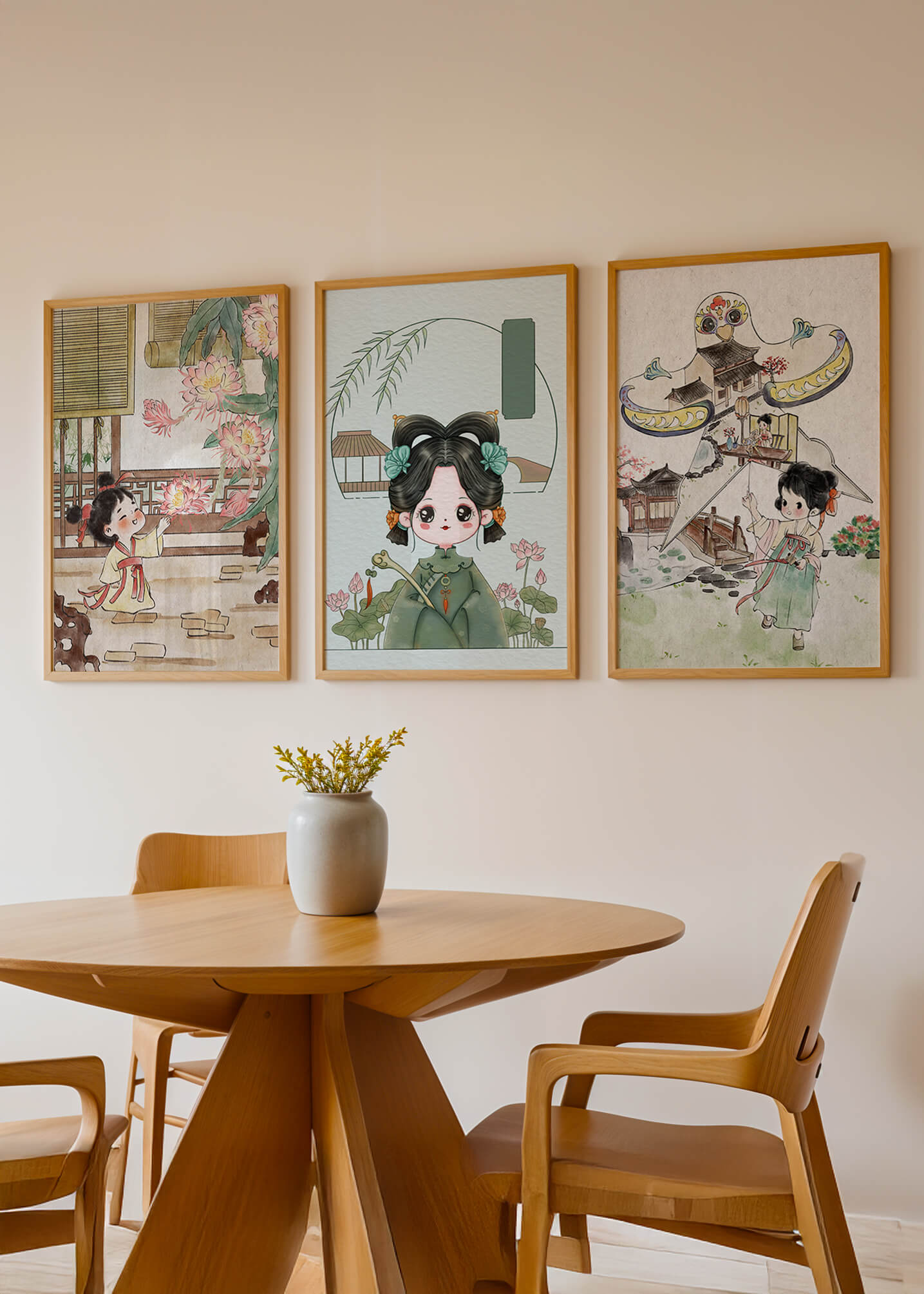 Illustrations de style oriental avec des personnages enfantins