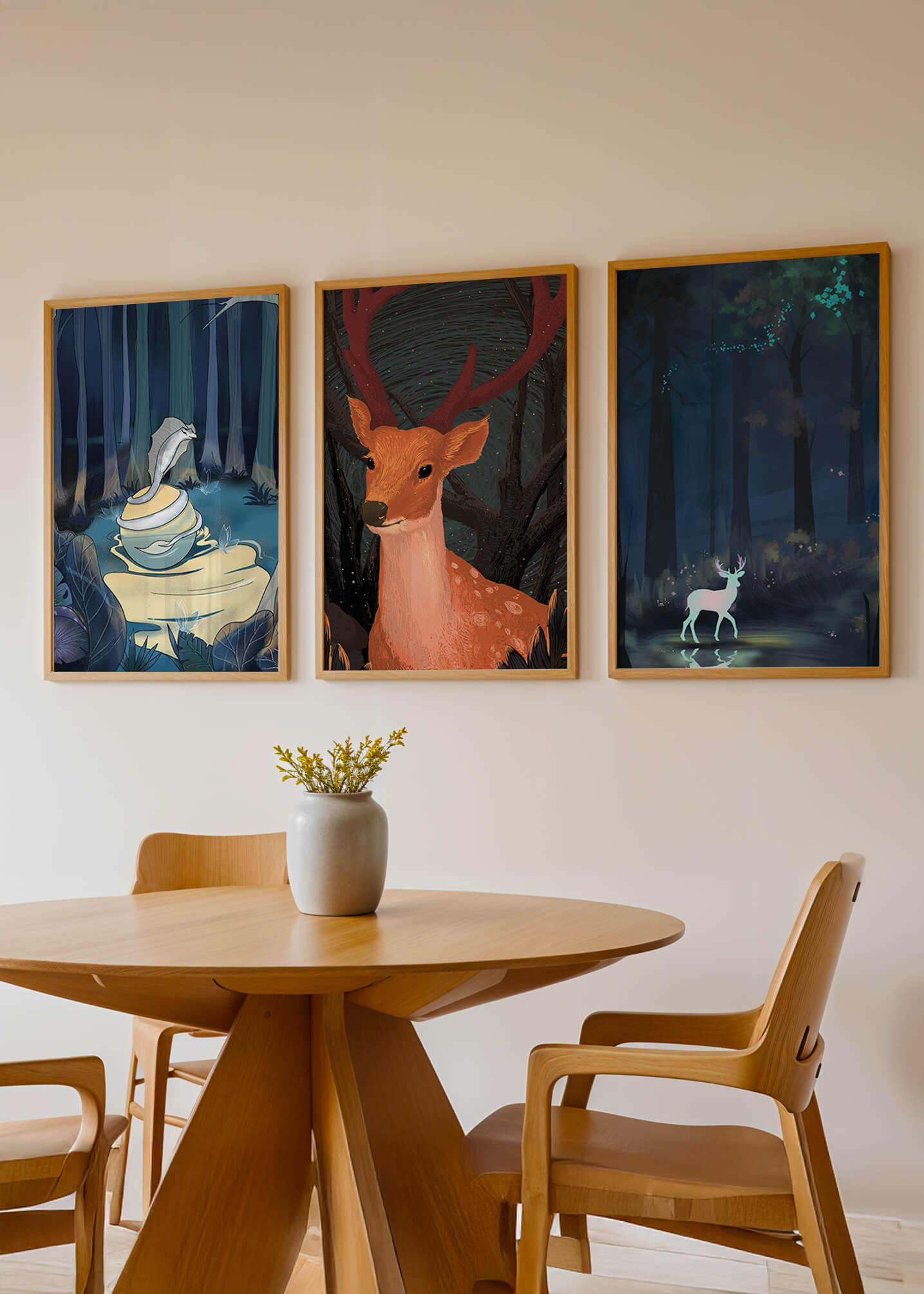 Tríptico De Animales En El Bosque Con Impresión Artística