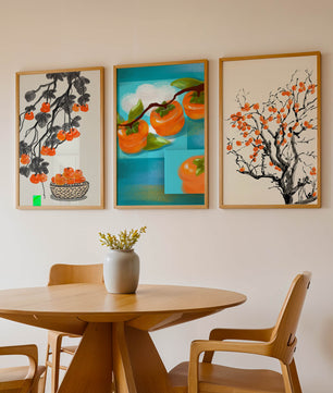 Tableaux avec motifs de kakis dans des tons orange et bleu