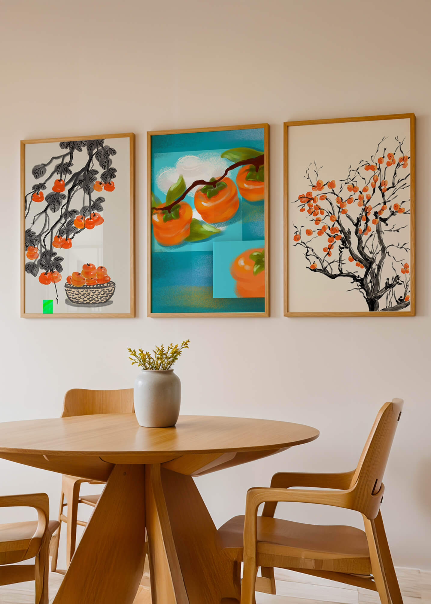 Cuadros Con Motivos De Caquis En Tonos Naranjas Y Azules