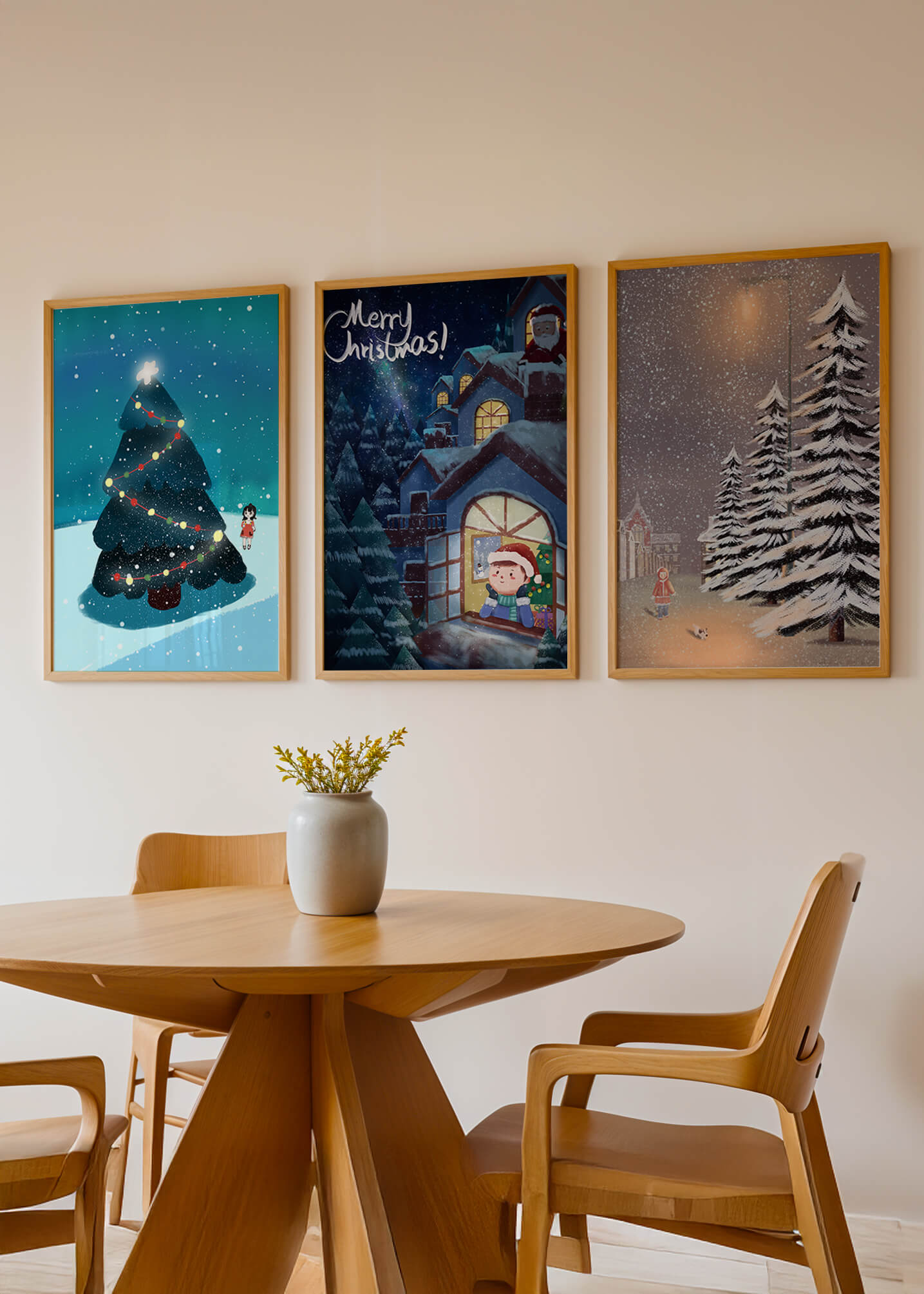 Decoración Navideña con Ilustraciones de Invierno y Ámbitos Festivos