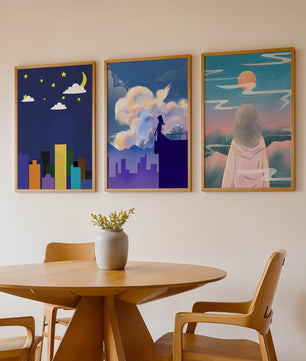 Ensemble de trois tableaux modernes avec des paysages imaginaires