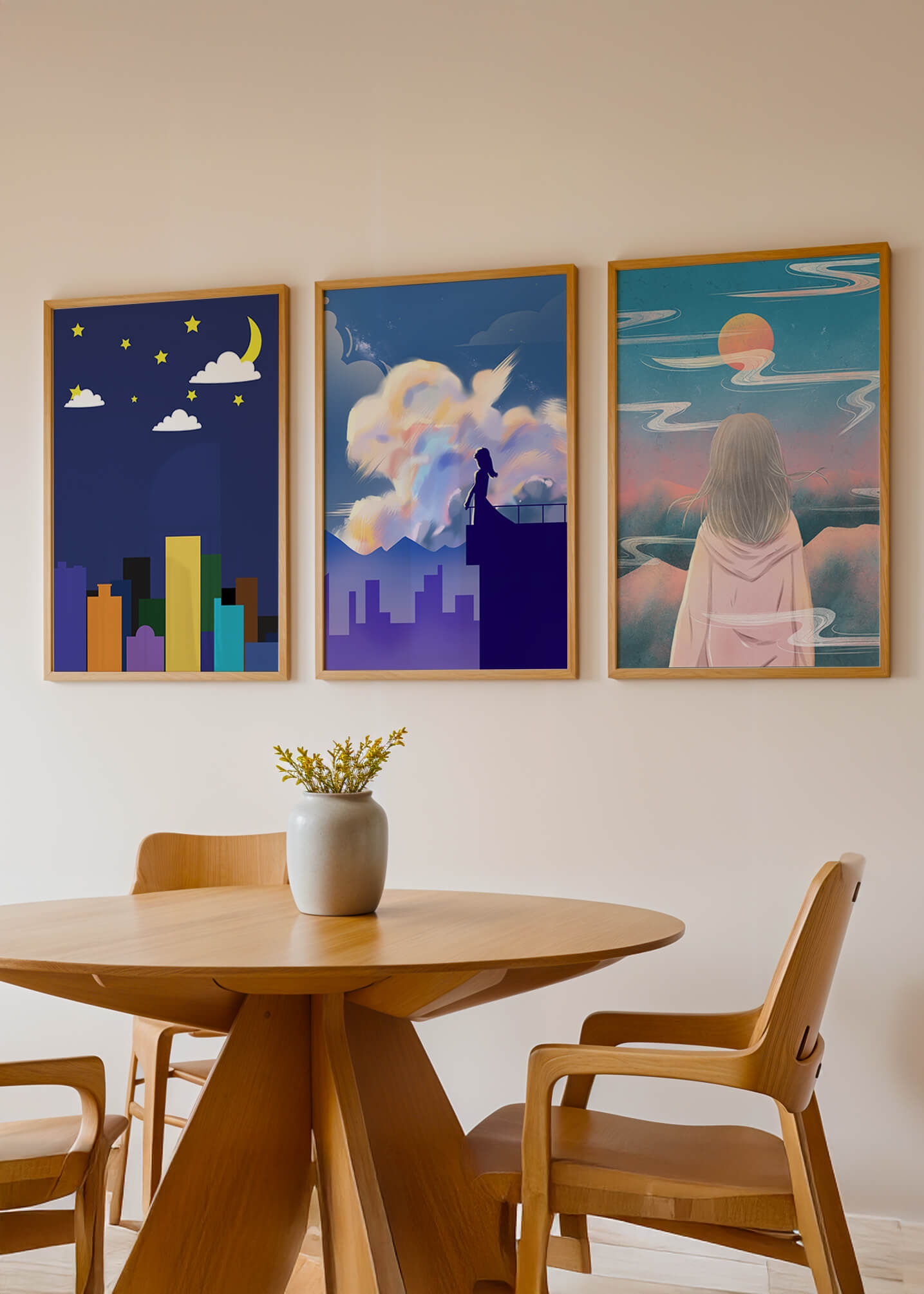 Ensemble de trois tableaux modernes avec des paysages imaginaires