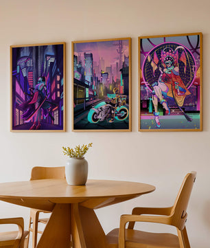 Triptyque de style cyberpunk avec des personnages en art numérique