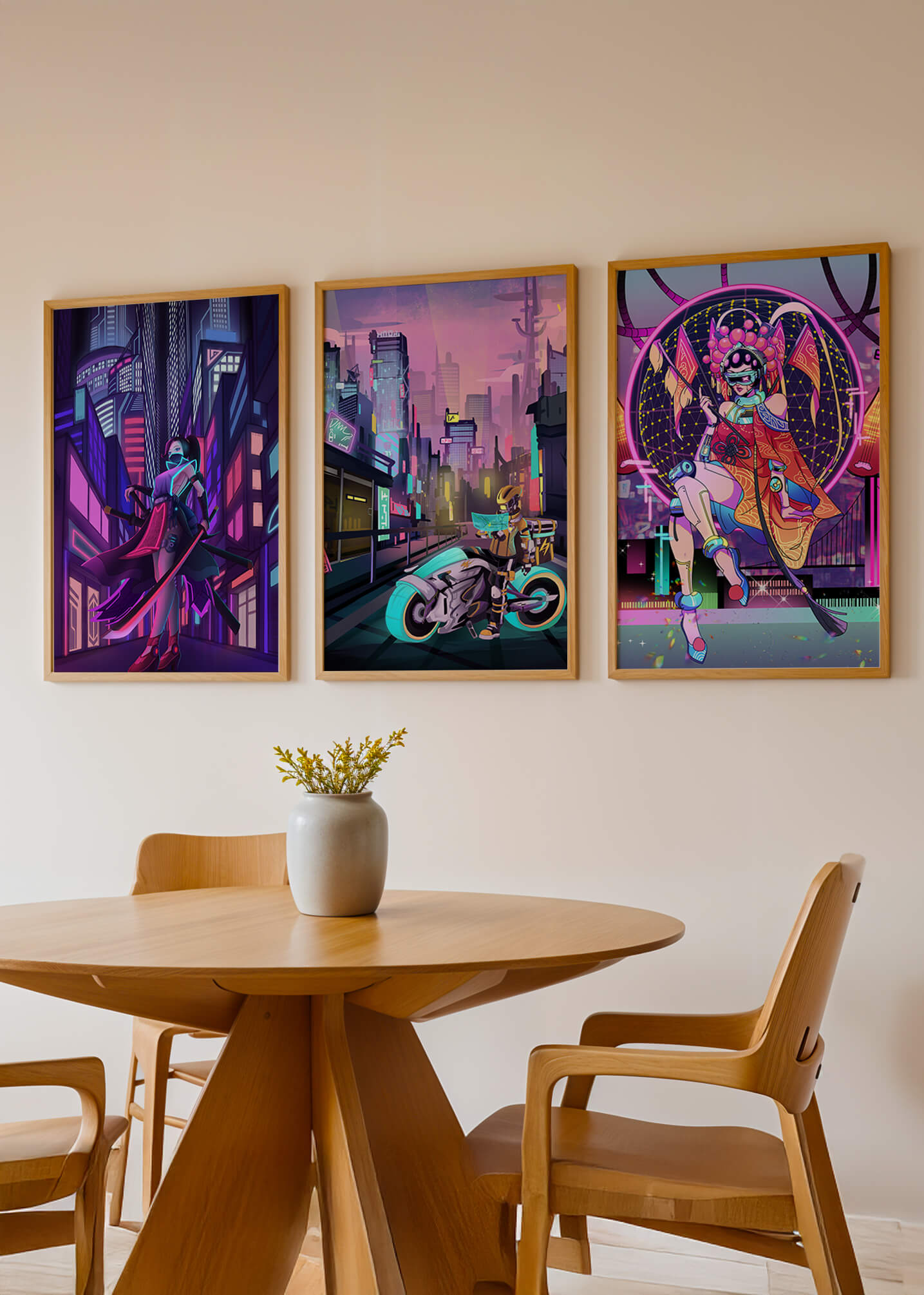 Triptyque de style cyberpunk avec des personnages en art numérique