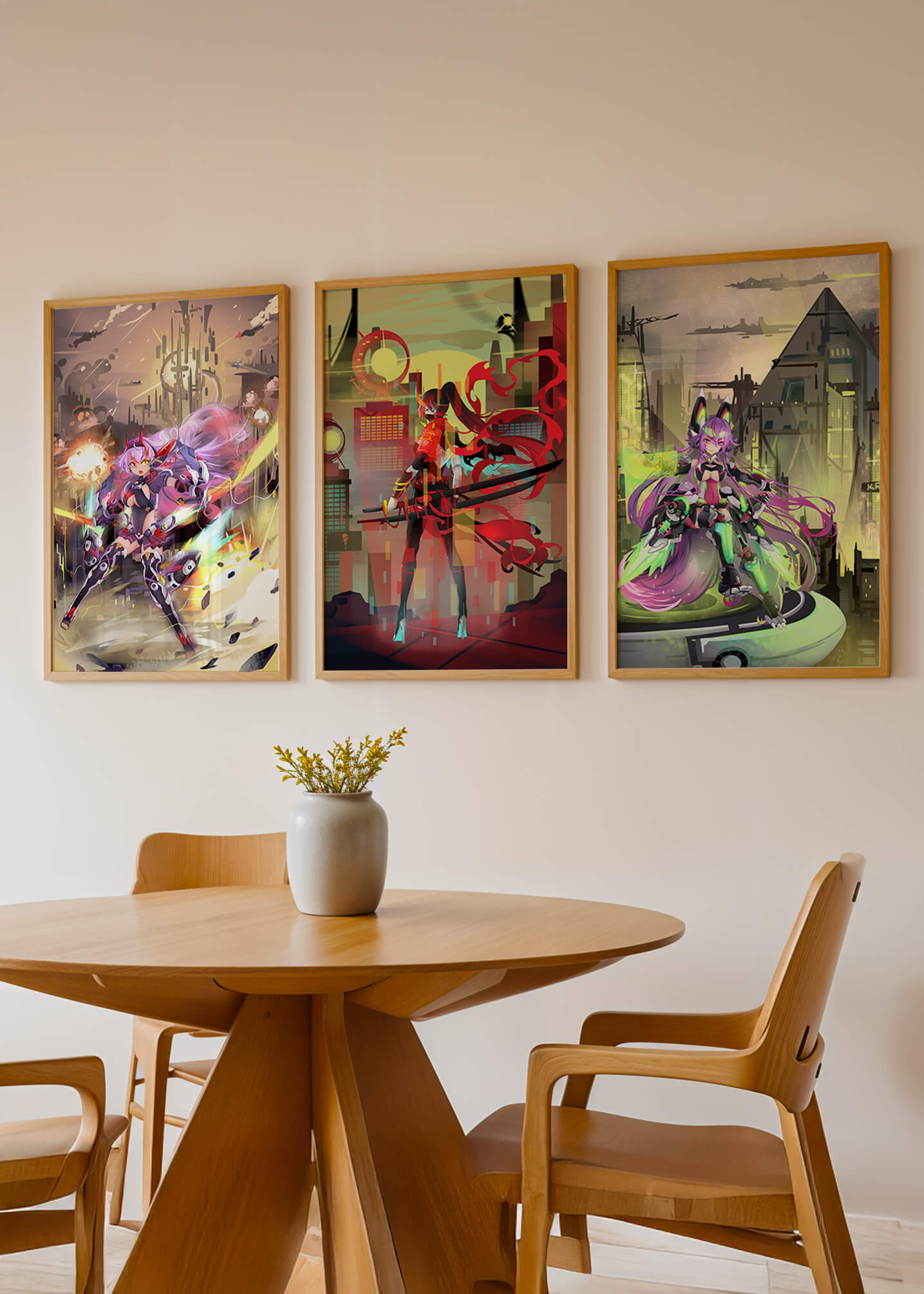 Conjunto De Tres Imágenes Futuristas De Personajes Anime En Una Habitación Moderna