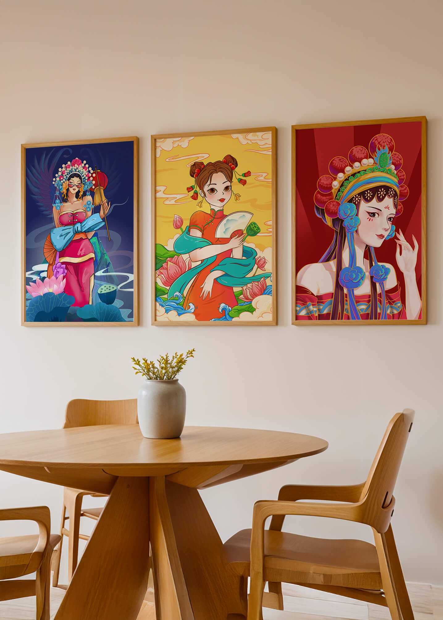 Illustrations de style asiatique avec des femmes en robes traditionnelles