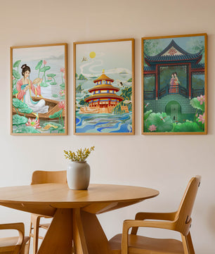 Triptyque d'illustrations orientales dans des intérieurs modernes