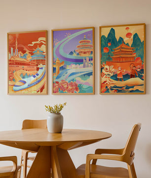 Affiches d’architecture asiatique avec trains et danses traditionnelles