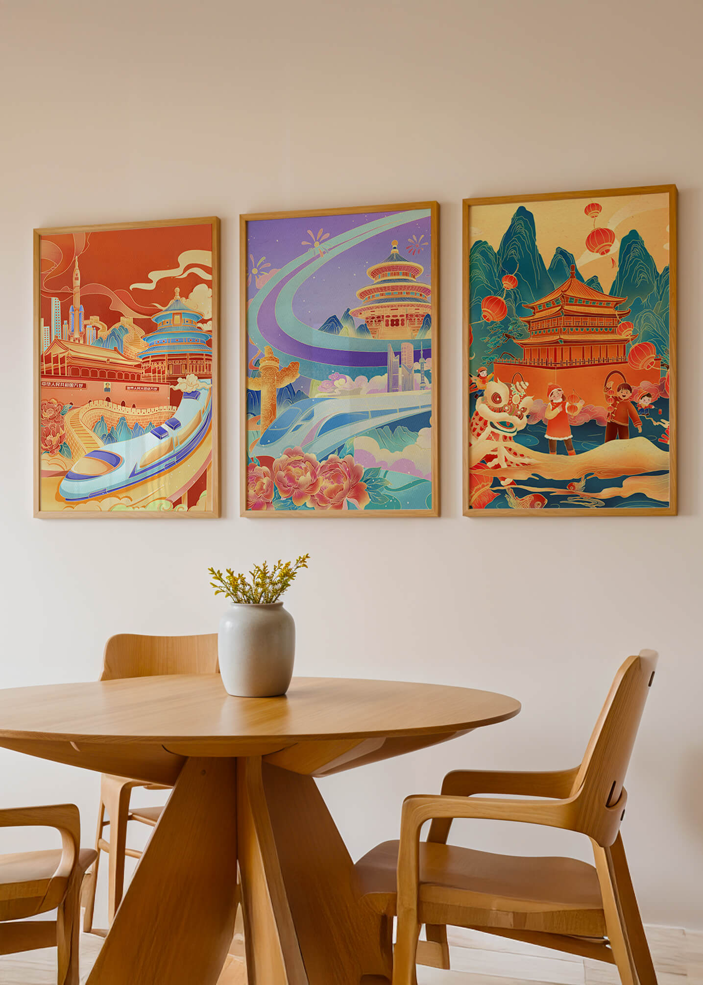 Posters de Arquitectura Asiática con Trenes y Danzas Tradicionales