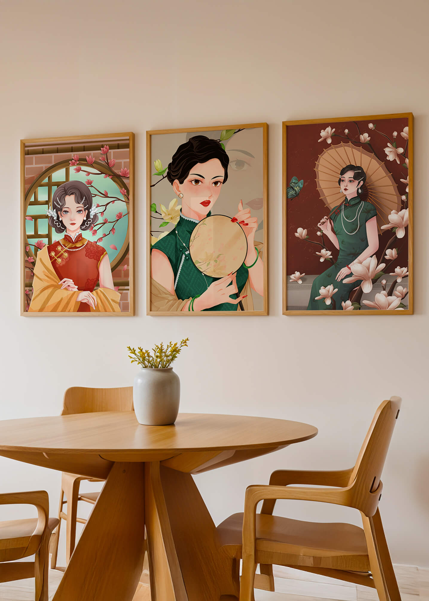 Cuadros Decorativos con Mujeres y Motivos Florales Asiáticos
