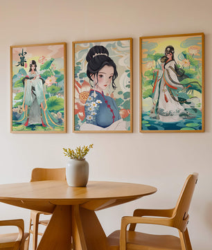 Serie De Arte Chino Con Mujeres Tradicionales En Impresión De Alta Calidad