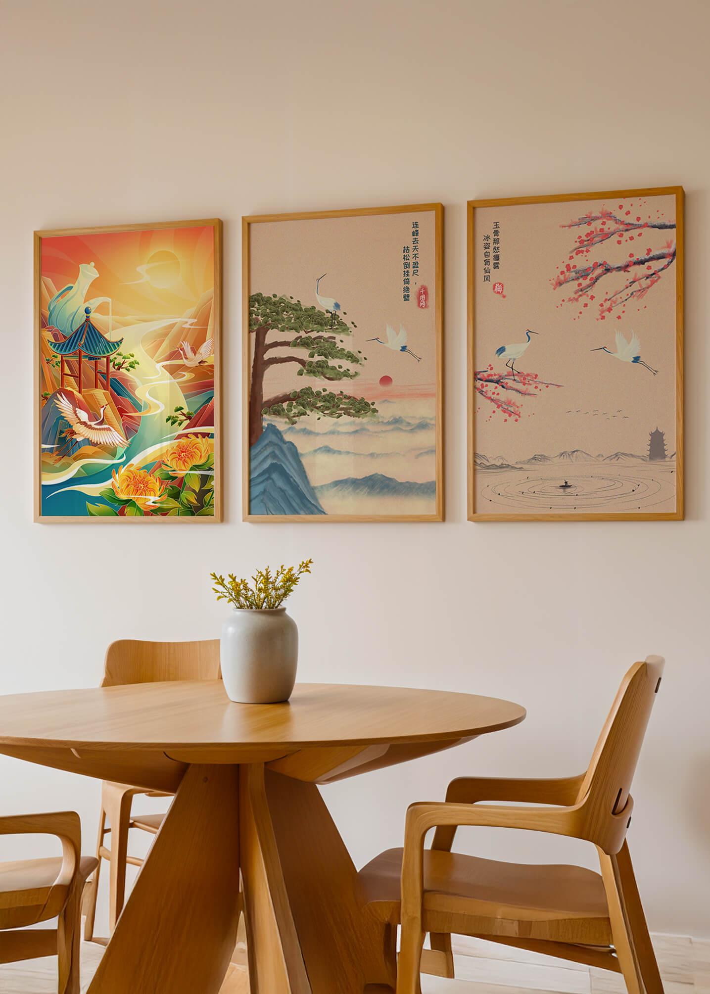 Images de paysages orientaux avec des grues et des dragons