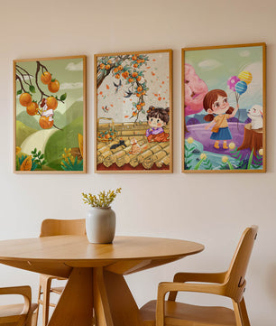 Ensemble de trois illustrations pour enfants avec des fruits et des animaux
