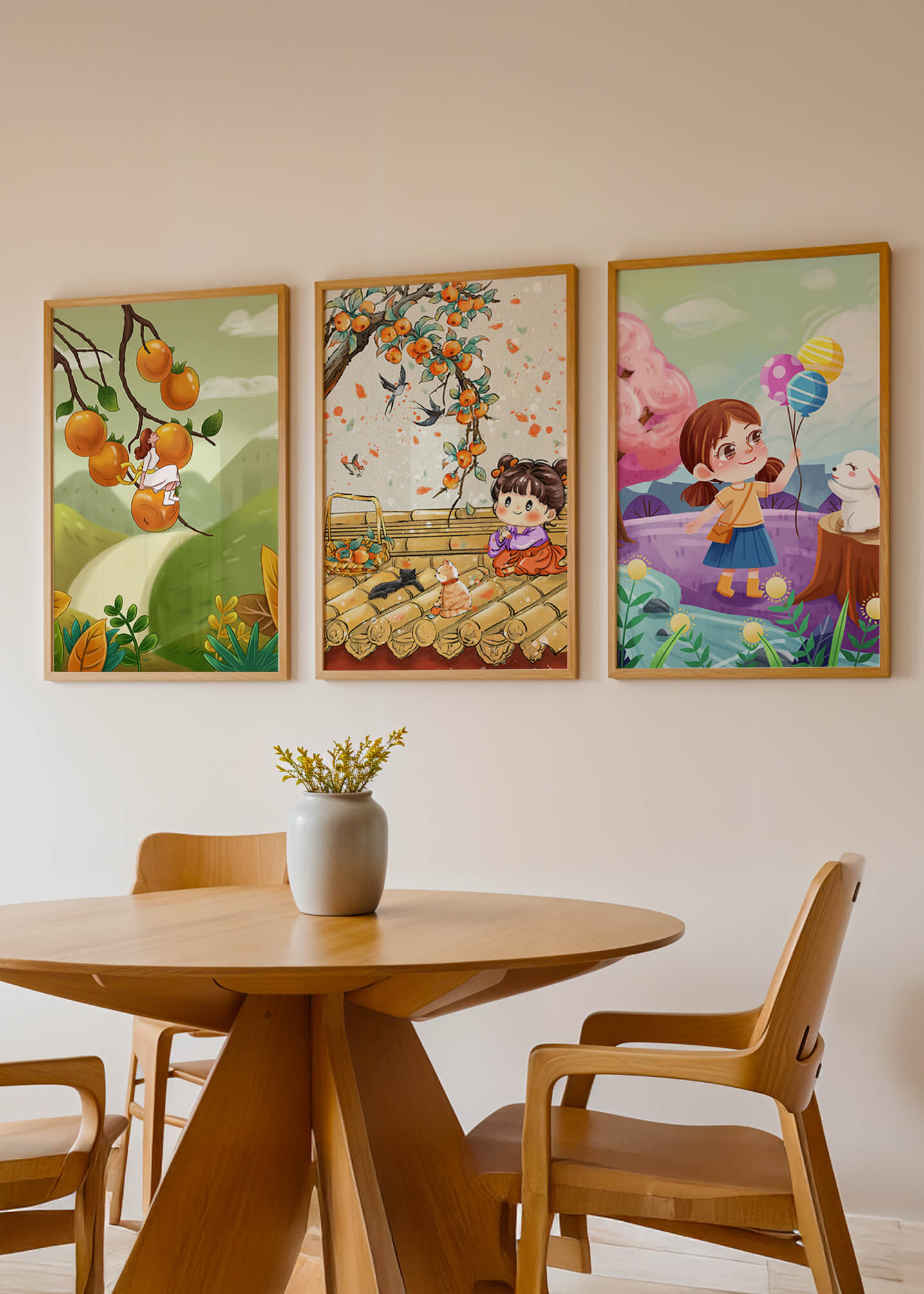 Ensemble de trois illustrations pour enfants avec des fruits et des animaux