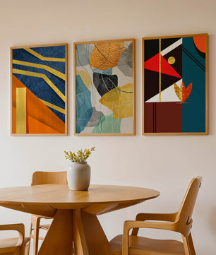 Conjunto De Tres Obras De Arte Geométrico Con Elementos Dorados Y Colores Vivos