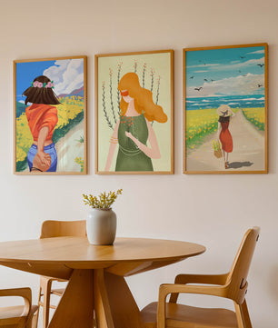 Ensemble de trois illustrations colorées dans des intérieurs modernes