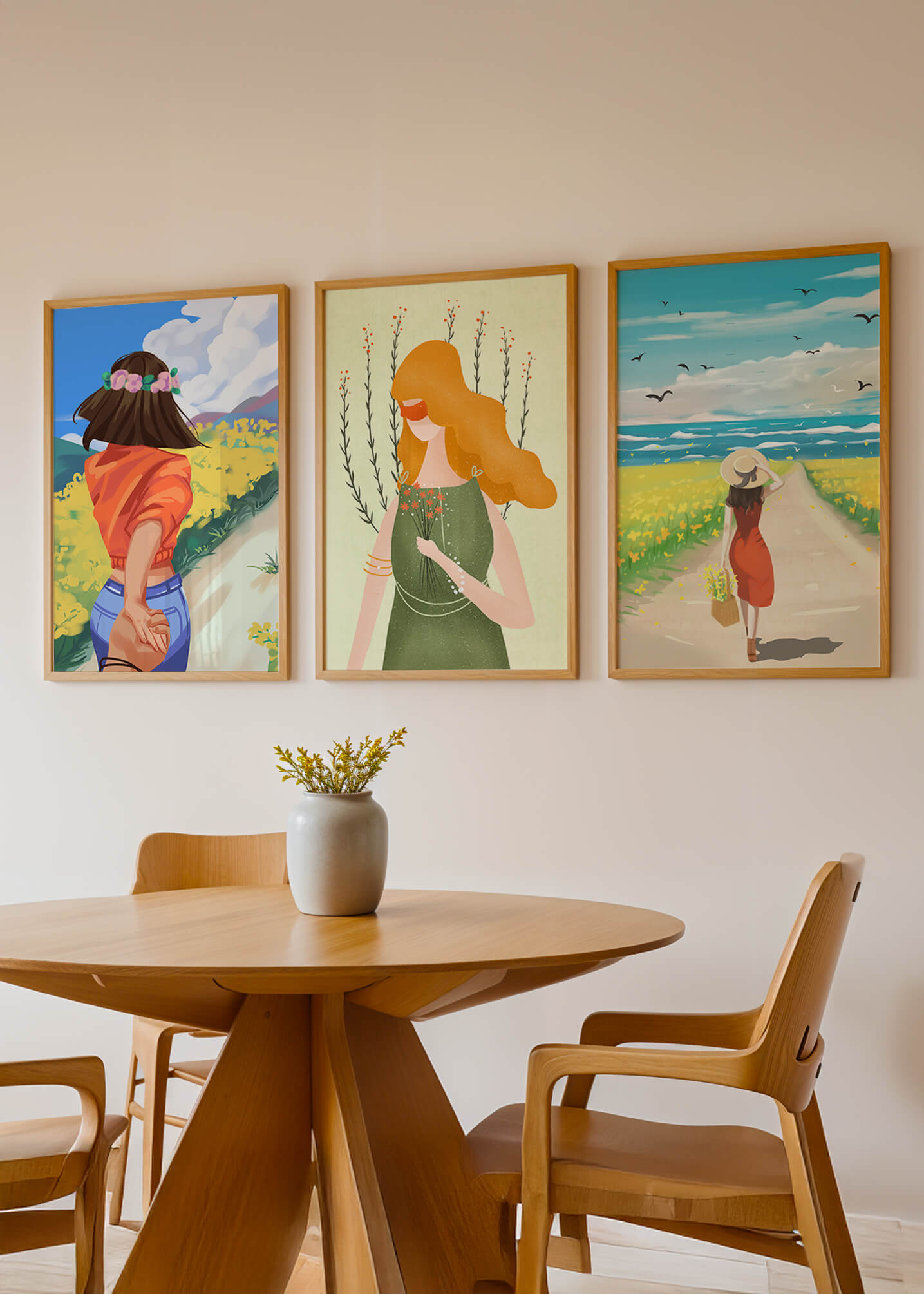 Ensemble de trois illustrations colorées dans des intérieurs modernes