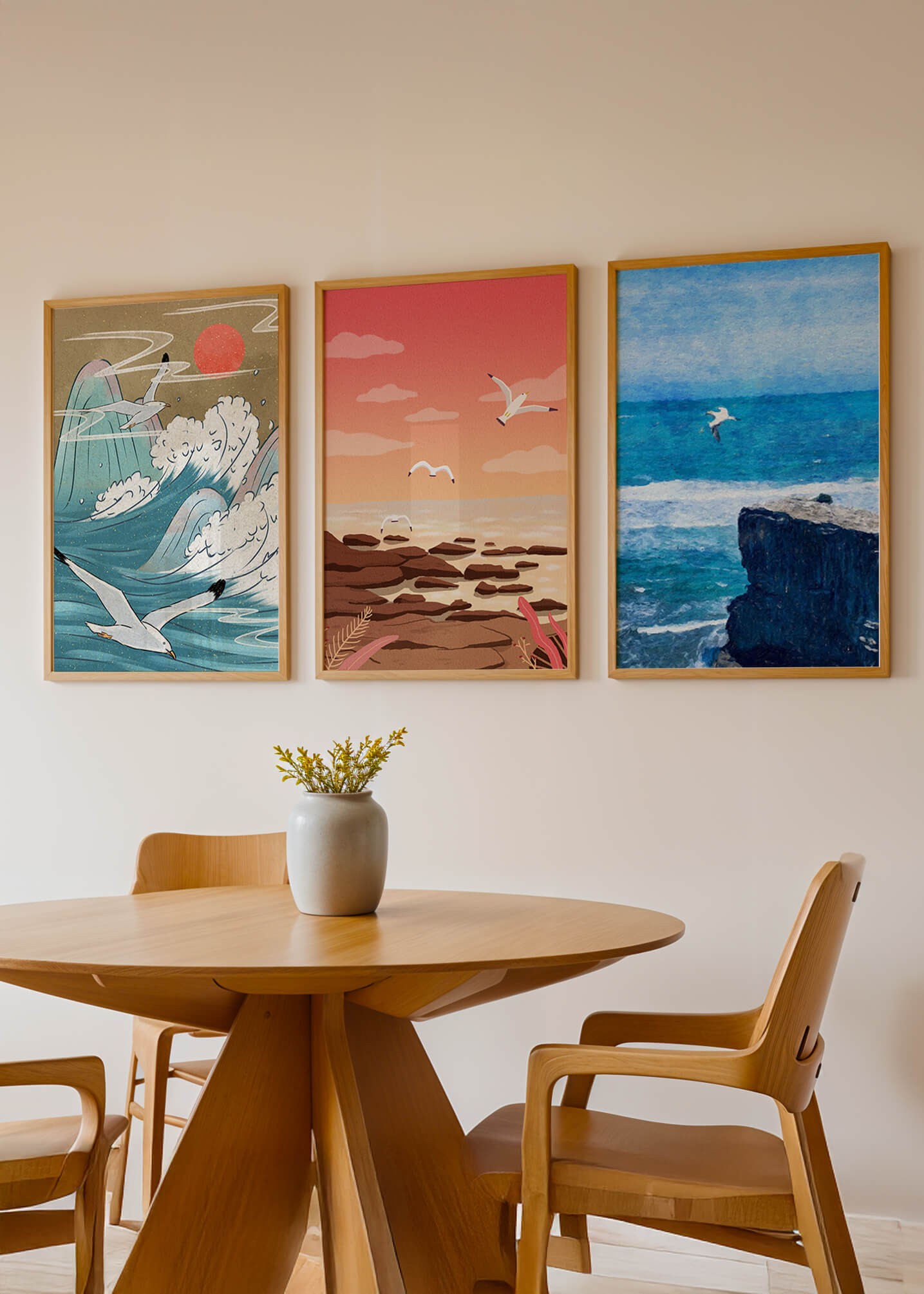 Tríptico de Paisajes Marinos con Aves