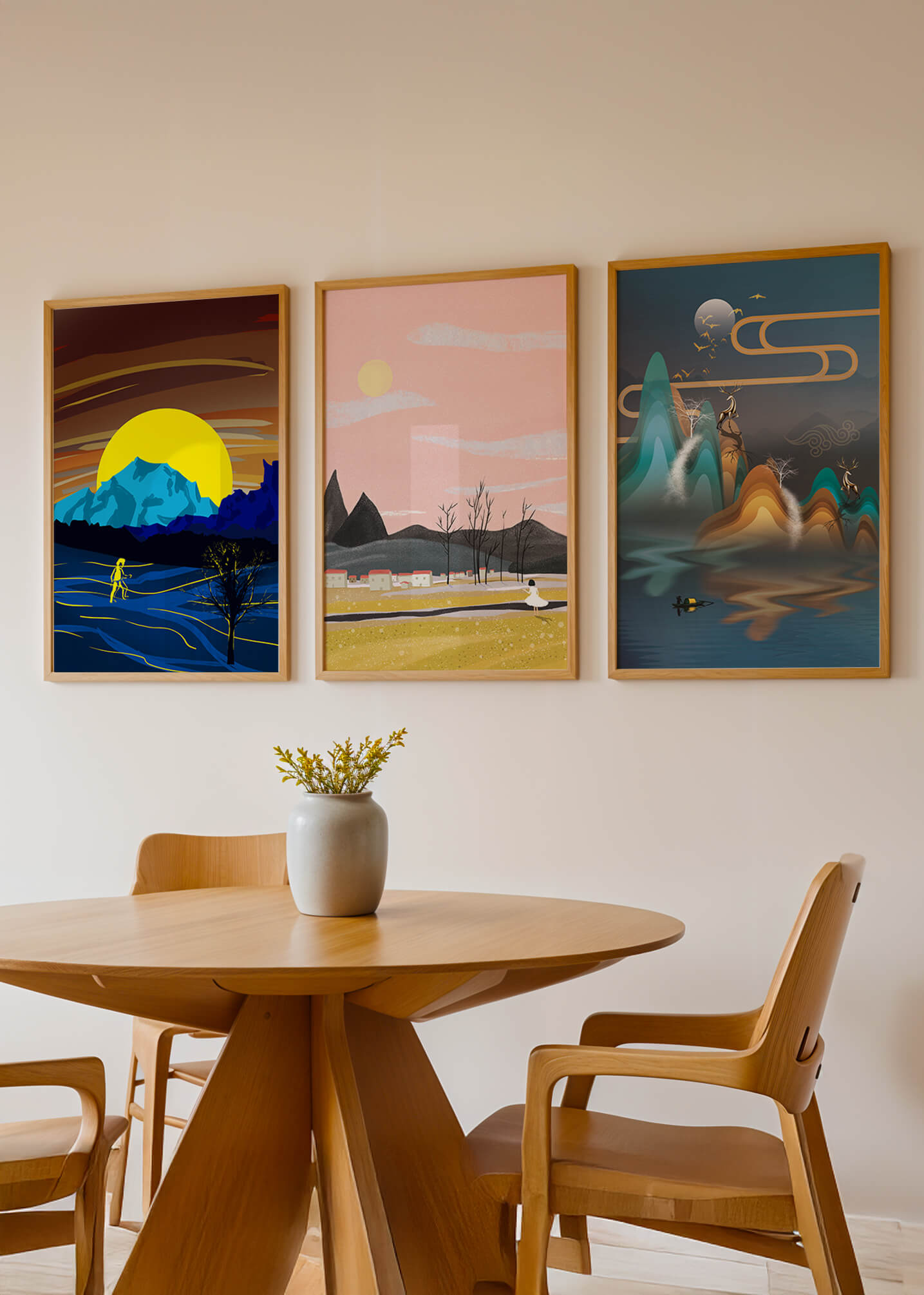 Tríptico de Paisajes Contemporáneos en Colores Vibrantes