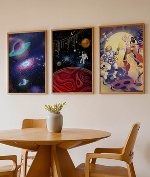 Triptyque d'art spatial avec astronautes en impression de haute qualité