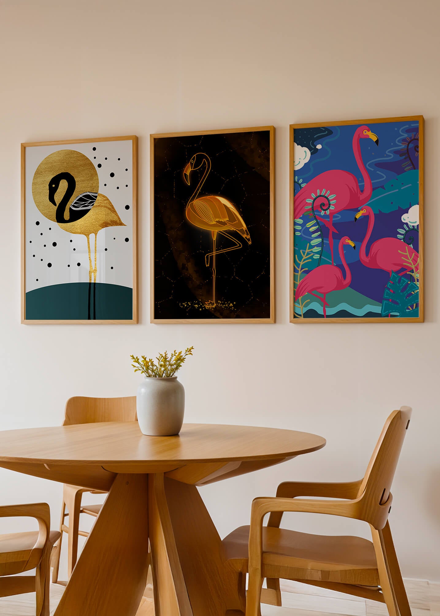 Triptyque de flamants roses avec détails dorés et design moderne