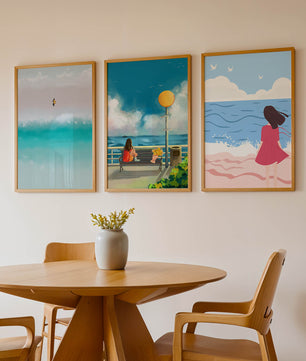 Tableaux minimalistes de plage et de mer avec personnages