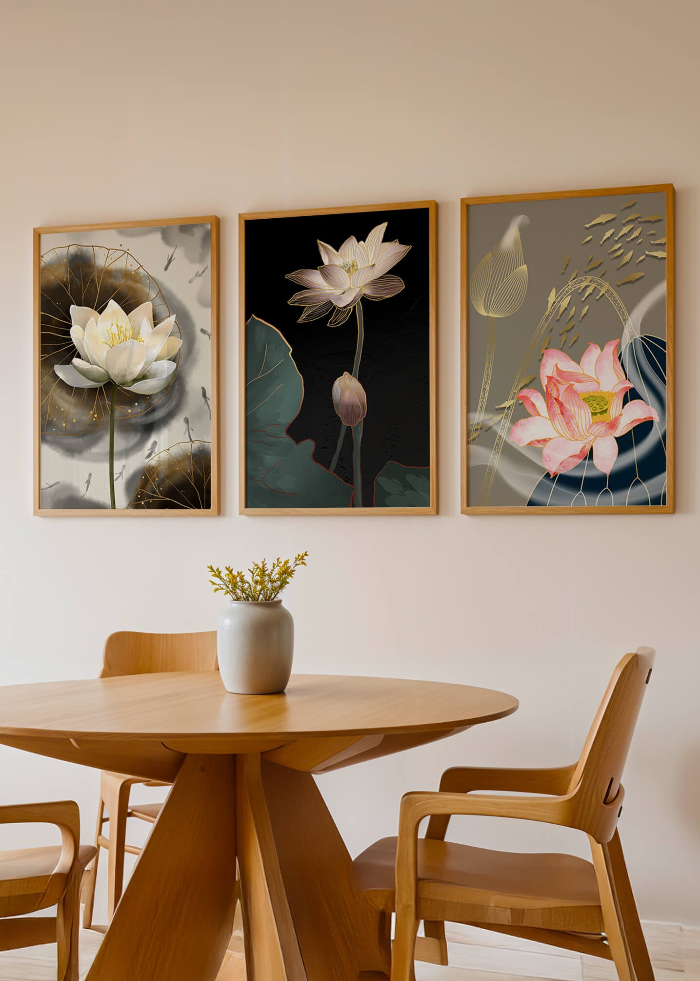 Impressions élégantes de fleurs de lotus avec finition dorée