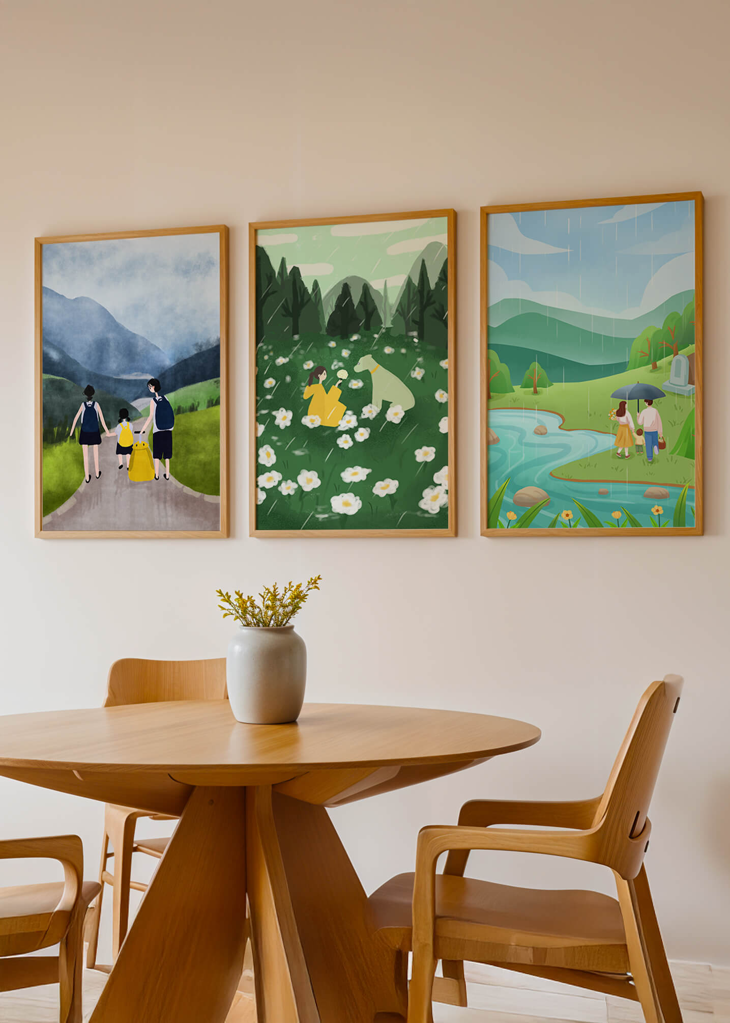 Set aus Drei Naturlandschaften mit Holzrahmen