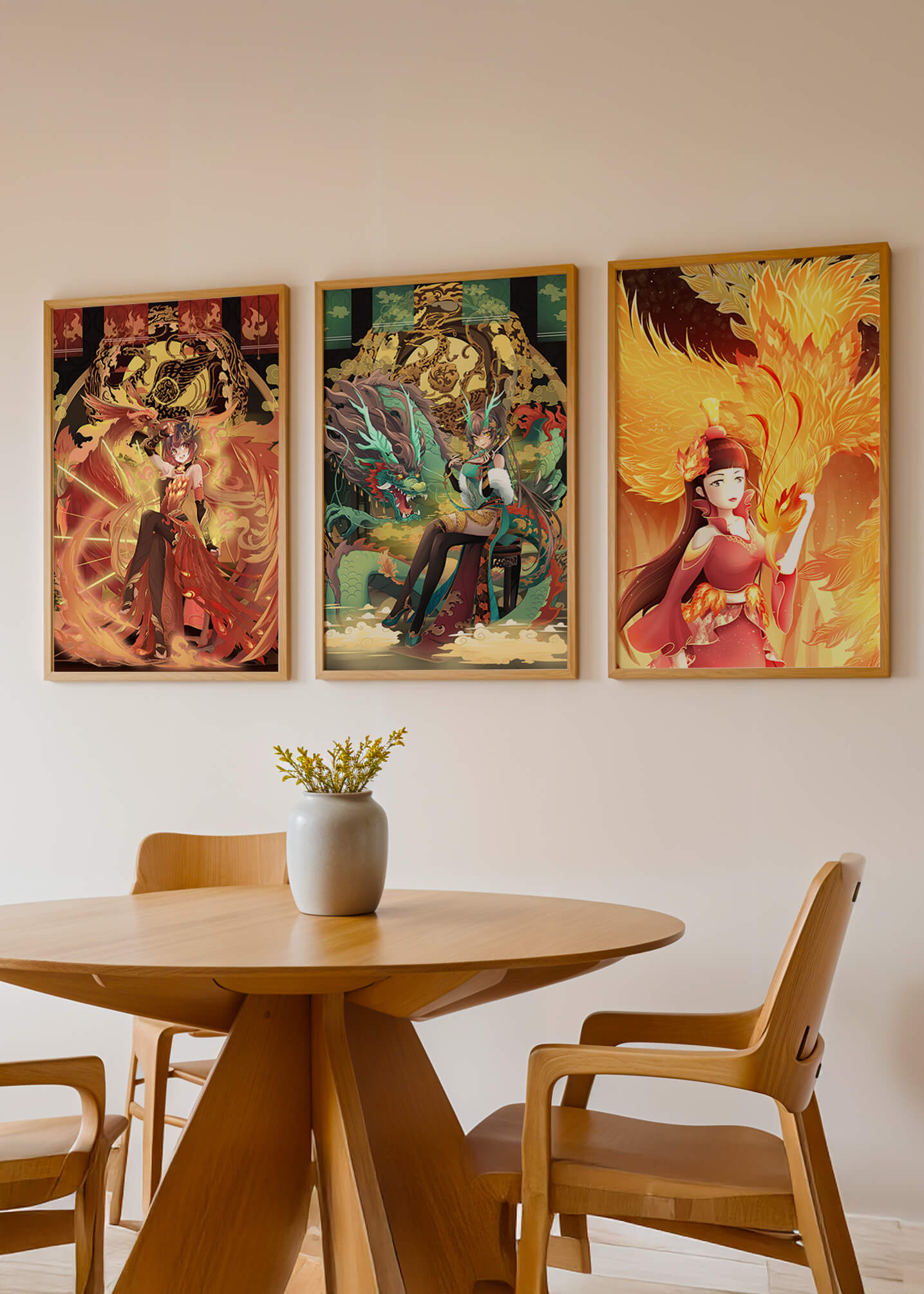 Tríptico De Arte Fantástico Con Figuras Míticas En Marcos Dorados