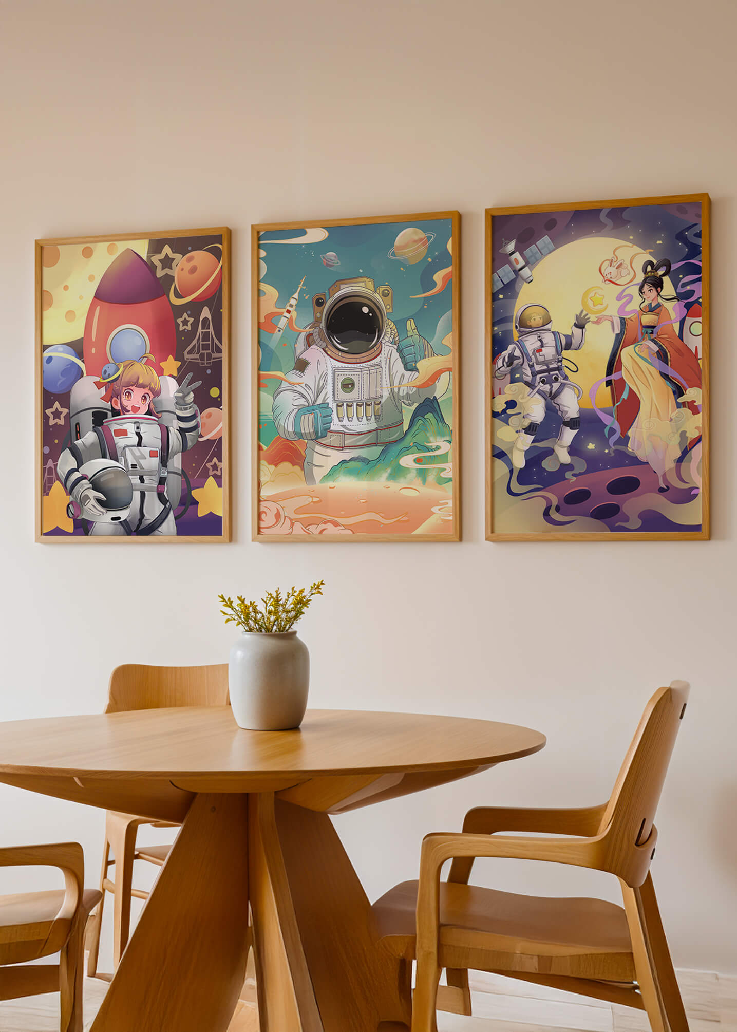 Bunte Weltraumszenen mit Astronautenfiguren und fantastischen Landschaften