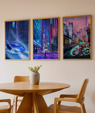 Ensemble d’impressions d’art futuriste avec des villes et des véhicules