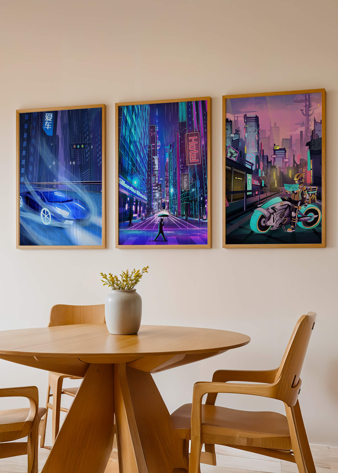 Ensemble d’impressions d’art futuriste avec des villes et des véhicules