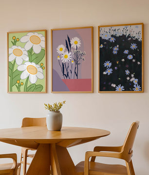 Tríptico De Arte Floral Con Margaritas En Colores Pastel