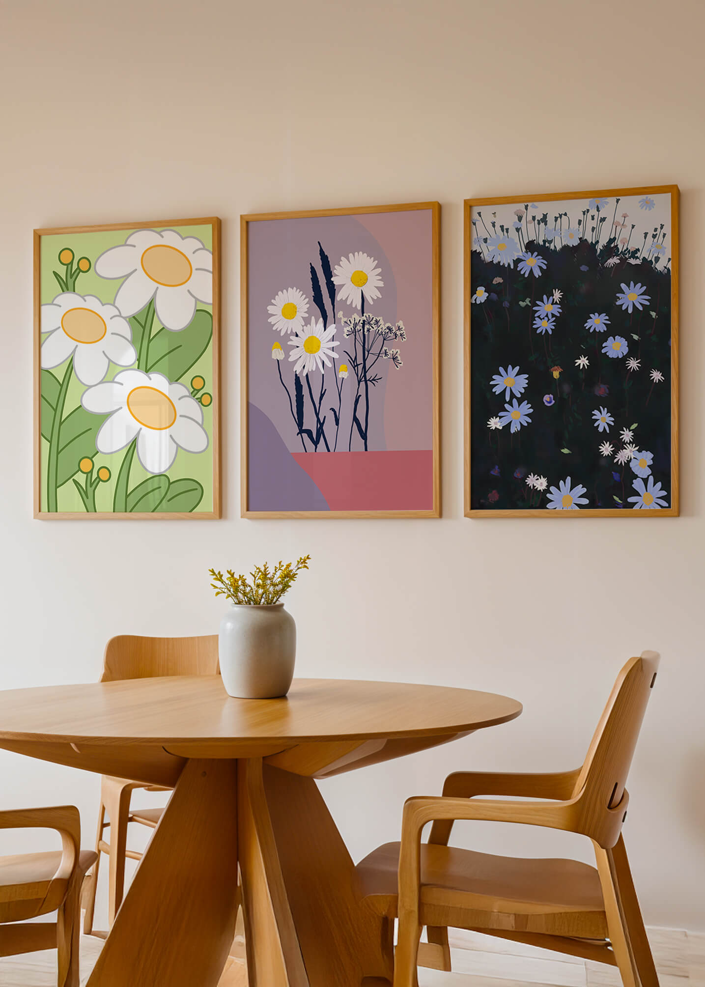 Triptyque d'art floral avec des marguerites en couleurs pastel