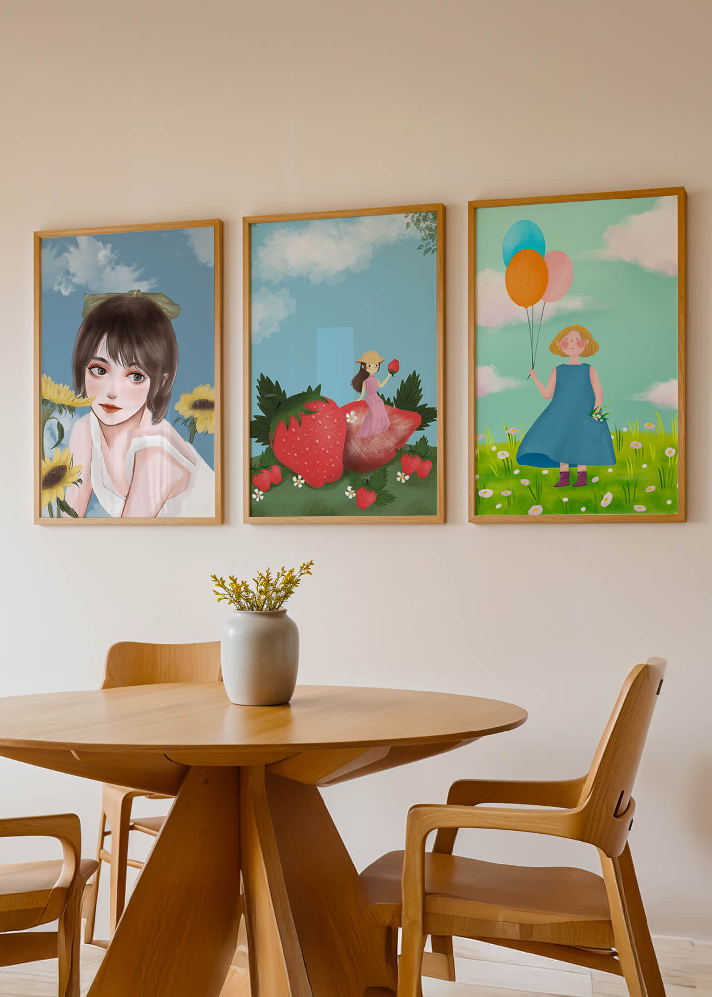 Tríptico de Ilustraciones en Marcos de Madera