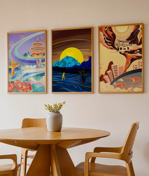 Set aus abstrakter Kunst mit Landschaften und modernem Design