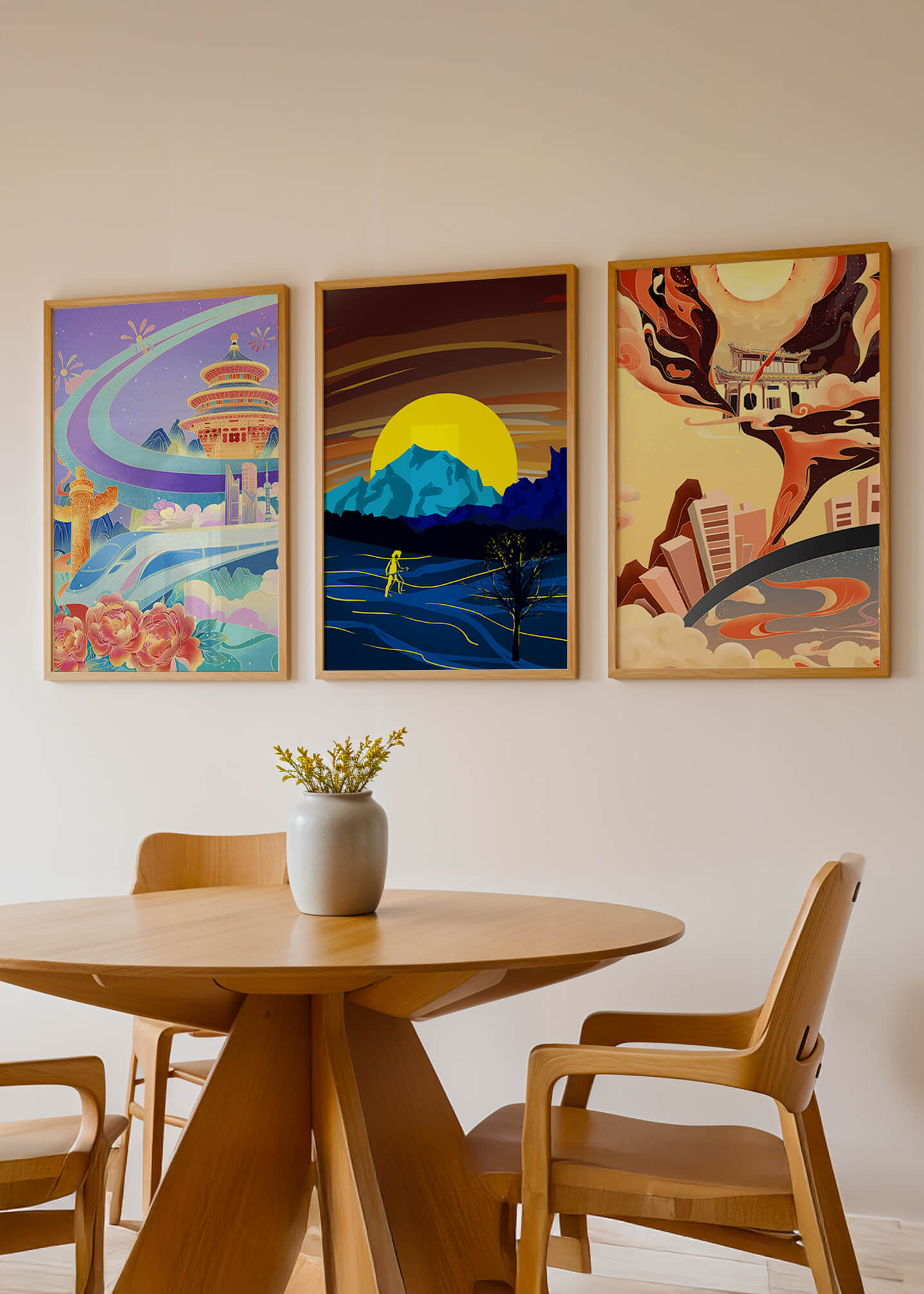 Set aus abstrakter Kunst mit Landschaften und modernem Design