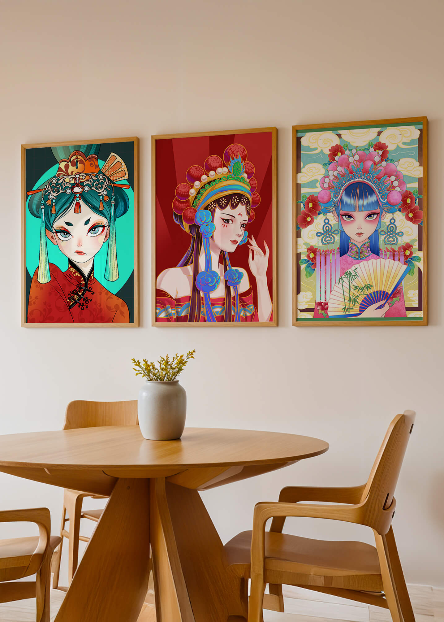 Retratos Ilustrados de Mujeres con Atuendos Tradicionales y Colores Vibrantes